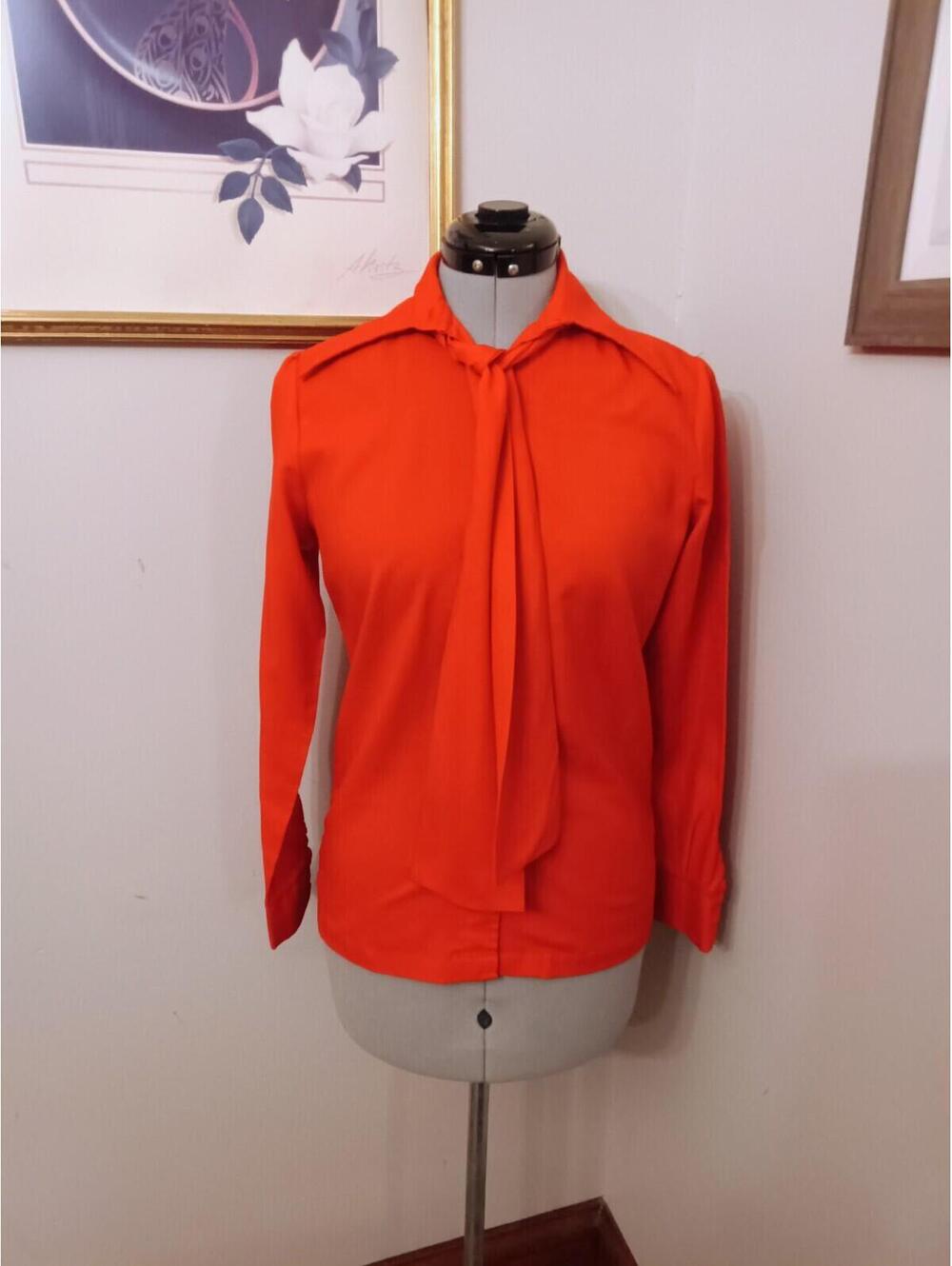 70s Vintage Red Blouse With Tie, Pointed Collar Retro Mcm Top Small Sears